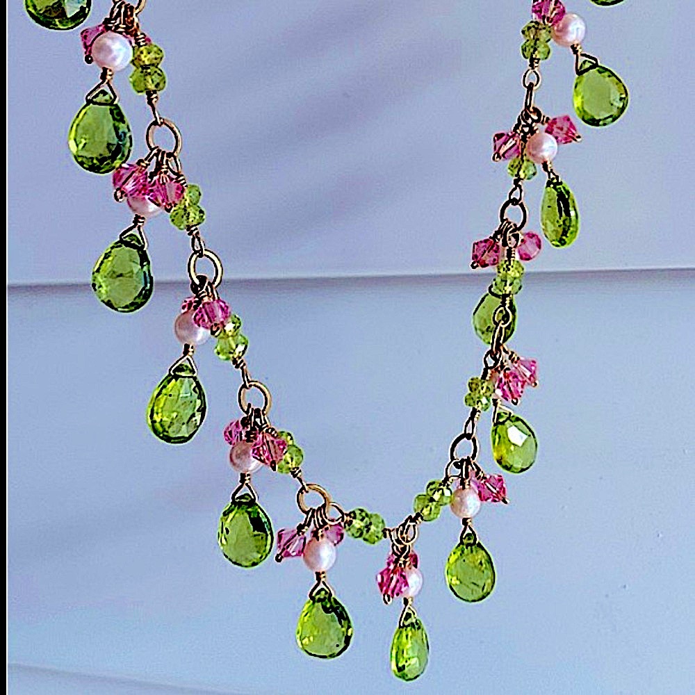 Turmaline teardrops pink Swarovski Crystal Gold with tiny real pearls necklace
